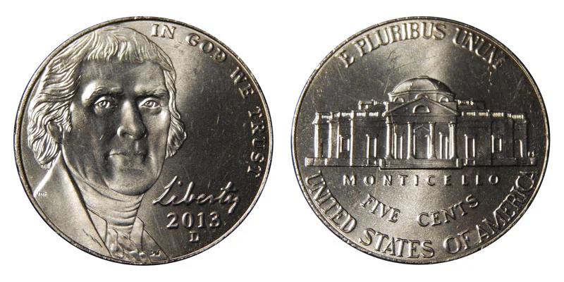 2013 Jefferson nickel obverse and reverse showing mint mark location and Monticello steps