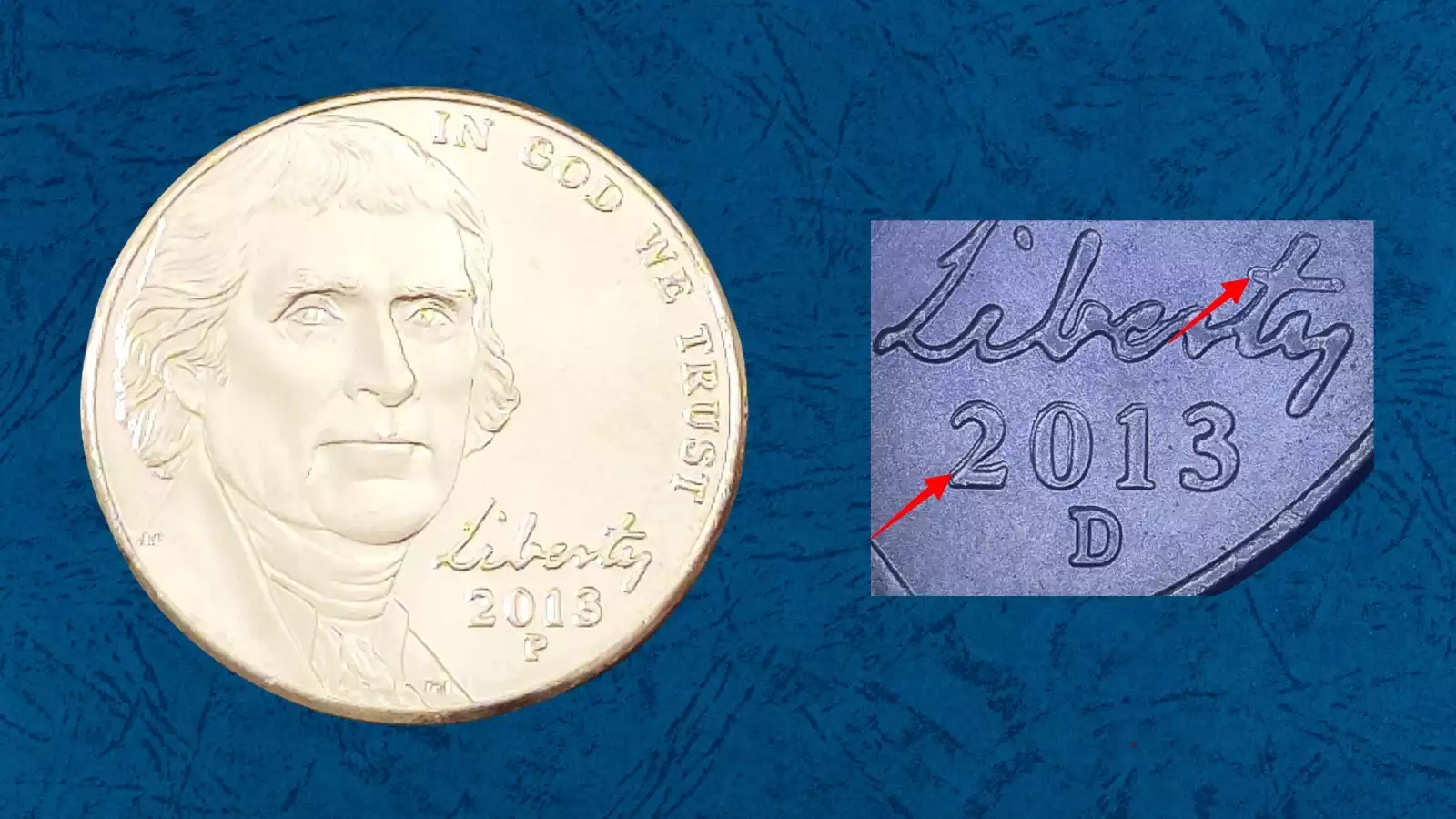 2013-P nickel doubled die error showing doubling on LIBERTY and date under magnification
