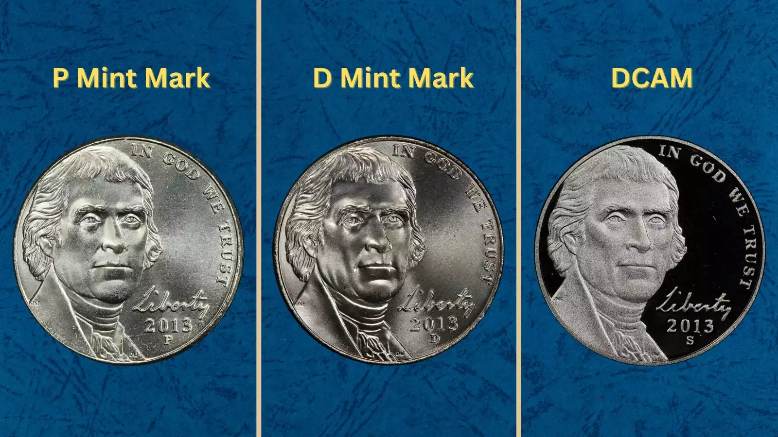 United States Mint facility and group of 2013 Jefferson nickels showing all three mint marks