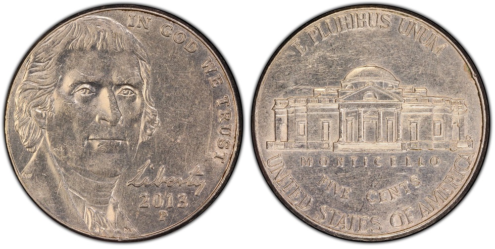 2013 nickel grading strip showing four condition tiers from worn circulated to gem uncirculated MS
